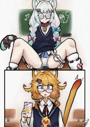 2girls ahoge blonde_hair cat_ears cat_tail catbell cellphone chalkboard cyan_eyes densetsu.exe desk dokibird dokibird_(dokitty) dokibird_(school_outfit) dragoon_(dokibird) drooling flushed_face glasses head_wings heart-shaped_pupils indie_virtual_youtuber laphurus legs_apart licking_lips mint_fantome mint_fantome_(otaku) pigtails pussy_outline pussy_visible_through_panties spiral_glasses sweater upskirt vtuber wisps_(mint_fantome)