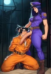 ai_generated big_penis black_hair caitlyn_(league_of_legends) caitlyn_kiramman dark_blue_hair dominant_futa futa_on_male futadom futanari girthy_penis hand_on_head huge_cock league_of_legends licking_penis long_hair malesub officer_caitlyn on_knees orange_jumpsuit police police_uniform ponytail prison prison_cell prisoner riot_games submissive_male thick_penis