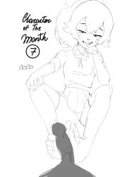 1boy 1girl amalia_sheran_sharm bow bowtie collared_shirt dude-doodle-do english_text feet footjob greyscale half-closed_eyes hand_on_own_knee hetero looking_at_viewer monochrome open_mouth penis pleated_skirt ponytail pov shirt short_sleeves simple_background sitting sketch skirt smile smug solo_focus teeth thighhighs toes two-footed_footjob underwear wakfu white_background yugo