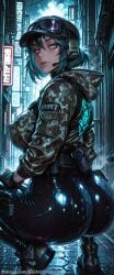 1girl ai_generated ass backdoorsenpai baseball_cap big_ass breasts camouflage_jacket curvy egao ela_(rainbow_six) female_focus fingerless_gloves goggles_on_headwear headset highres holster hood large_breasts latex_legwear leggings looking_at_viewer naughty_face naugty_eyes perky_breasts rainbow_six rainbow_six_siege squatting thick_thighs thighs wide_hips