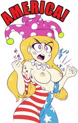 1girls american_flag american_flag_bodysuit angry bhloopy blonde_hair breasts clownpiece female open_mouth purple_eyes ripped_clothing touhou