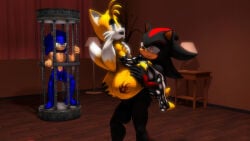 3boys 3d 3d_(artwork) anal anal_sex anthro anthro_on_anthro balls black_armwear black_fur black_legwear blue_fur cage canid canine carrying femboy fox furry furry_male furry_only gay gay_sex genitals hand_on_ass hedgehog indoors interspecies legwear looking_at_another male male/male mammal mature mature_male miles_prower nude open_mouth penis_in_anus sega sex shadow_the_hedgehog sonic_(series) sonic_the_hedgehog sonic_the_hedgehog_(series) sonicthebitch standing standing_sex tail tails_the_fox tattoo tattoo_on_ass yaoi yellow_fur