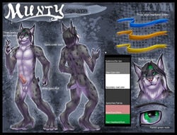 1boy anthro ass balls big_paws erection feline fluffy fur furry green_eyes grey headband hindpaw kyma lynx male male_only model_sheet munty nude paws penis smile solo spots spotted stubby_tail whiskers white_fur