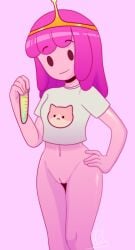 1girl adventure_time bottomless cherrypix cleft_of_venus closed_mouth colored_skin crop_top cucumber hand_on_own_hip holding long_hair looking_at_viewer navel pink_background pink_hair pink_skin princess_bubblegum print_shirt pussy shirt short_sleeves signature simple_background smile solo t-shirt white_shirt