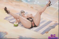 ai_generated artist_logo artist_name artist_signature beach_background big_breasts big_titties black_bikini black_cat_(marvel) black_cat_(marvel_rivals) black_heels coconut comic_character explicit felicia_hardy female light-skinned_female light_skin long_hair marvel_comics marvel_rivals netease_games pussy sand shells spread_legs uncensored vaginal video_game visible_vagina white_hair x_username yallahs80
