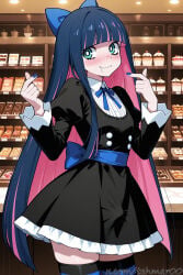 1boy ai_generated bangs black_dress blue_eyes blue_hair blue_nails blunt_bangs blush bow cafe colored_inner_hair cowboy_shot dress femboy food genderswap genderswap_(ftm) hair_bow index_finger_raised indoors juliet_sleeves long_hair long_sleeves looking_at_viewer male multicolored_hair nail_polish panty_&_stocking_with_garterbelt pink_hair puffy_sleeves ribbon smile solo stocking_(psg) stocking_anarchy striped striped_legwear striped_thighhighs tehmar thighhighs trans_woman transfem trap two-tone_hair very_long_hair