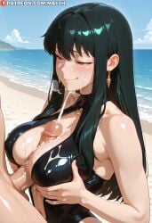 1girls ai_generated bare_shoulders beach black_hair boobjob center_opening cum cumshot excessive_cum half-closed_eyes high_resolution highres long_hair malth medium_breasts one-piece_swimsuit paizuri red_eyes sand sidelocks smile spy_x_family straight_hair swimsuit yor_briar