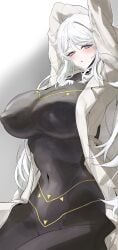 1girls 2026 2d 2d_(artwork) arms_behind_head arms_up big_breasts blue_eyes blush boobs breasts clothed clothing color colored digital_media_(artwork) faust_(limbus_company) female female_only front_view genius hi_res huge_breasts large_breasts light-skinned_female light_skin limbus_company looking_at_viewer project_moon simple_background solo stomach tits white_background white_hair