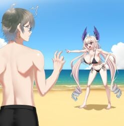 1boy 1boy1girl 1girls absurd_res ahoge alternate_breast_size back beach bikini black_bikini black_swimsuit blonde_hair blue_highlights blush breast_expansion bulging_breasts bursting_breasts cleavage cloud collarbone commission drill_hair earrings embarrassed english_commentary enna_alouette front-tie_bikini_top full_body glasses gray_hair hair_between_eyes hair_flaps hand_on_hip headwings highleg_bikini_bottom highres hoosu ike_eveland large_breasts lips long_sidelocks low_twintails motion_lines multicolored_hair nijisanji nijisanji_en no_wings ocean open_mouth pointing pointing_at_another purple_eyes purple_wings reaction_lines second-party_source shadow shocked shocked_expression shrunken_irises side-tie_bikini_bottom sidelocks skindentation sky string_bikini surprised surprised_expression swim_trunks swimsuit topless topless_male twintails wavy_mouth yellow_eyes