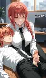 ai ai_art ai_assisted ai_generated alixx_nswf big_breasts breasts chainsaw_man denji_(chainsaw_man) makima_(chainsaw_man) masturbation office office_clothing office_lady orange_hair red_hair sexy yellow_eyes