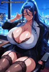 1girl ai_generated blazer bokeh_background breasts cowboy_shot curvy elbow_gloves gaddariat glasses gloves huge_breasts large_breasts looking_at_viewer patreon slim_waist thick_thighs thighhighs tomoe tomoe_(tsuki_ga_michibiku_isekai_douchuu) tsuki_ga_michibiku_isekai_douchuu voluptuous