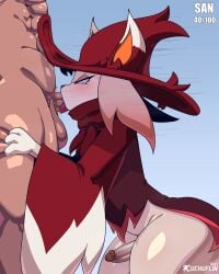 2boys 2d anthro anthro_on_human anthro_penetrated blowjob cuchuflin erect_while_penetrated erection fellatio femboy feminine_male katress light-skinned_male light_skin male male_only oral oral_sex pal_(species) palworld penis tagme thick_thighs thighs tongue tongue_out tongue_out_blowjob witch witch_hat