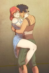 1boy 1girl against_wall black_hair blue_dress bracelet closed_eyes couple dress earrings fingering hand_on_another's_neck hetero hug jewelry leg_between_thighs pants penny_(stardew_valley) red_hair short_hair smile stardew_valley strap_slip tritici