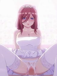 1boy 1boy1girl 1girl1boy 1girls 3:4 animated bare_shoulders blue_eyes blush bouncing_breasts breasts brown_hair censored cleavage clothed_female clothed_sex cowgirl_position crotchless crotchless_panties dress female go-toubun_no_hanayome hair_between_eyes huge_breasts large_breasts lingerie long_hair male mosaic_censoring mushiro_(nijie728995) nakano_miku open_mouth opennsfwsp penis pov pov_eye_contact pussy pussy_juice riding sex sleeveless sleeveless_dress sound stockings straight tagme thighhighs vaginal_penetration vertical_video video wedding_dress white_legwear
