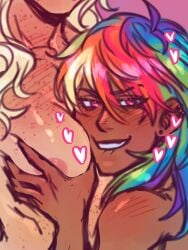 2girls applejack_(mlp) big_breasts biting_lip biting_own_lip blonde_hair blush blushing breast_grab breast_squeeze color colored ear_piercing earrings face_between_breasts female female/female female_only floating_heart floating_hearts freckles freckles_all_over friendship_is_magic head_between_breasts hearts_around_head jennzcc_2 lesbian light-skinned_female light_skin long_hair multicolored_hair muscular muscular_female my_little_pony naked naked_female nude nude_female obliques pink_background purple_eyes rainbow_dash_(mlp) rainbow_hair simple_background skindentation solid_color_background tan-skinned_female tan_skin yuri
