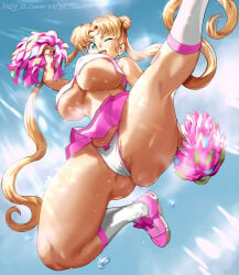 1girls bishoujo_senshi_sailor_moon blue_eyes cheerleader female female_only keigi_(artist) large_breasts midair nipples one_eye_closed smile underboob underwear usagi_tsukino