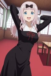 1boy 1girl :d absurdres adult ai_assisted ai_generated arms_behind_head arms_up bangs big_breasts black_bow black_dress blue_eyes blunt_bangs blush bow breasts chika_fujiwara collarbone curtains dress female fujiwara_chika gloves hair_bow heeven highres indoors kaguya-sama_wa_kokurasetai_~tensai-tachi_no_renai_zunousen~ large_breasts long_hair long_sleeves looking_at_viewer male mature neck_ribbon open_mouth patreon patreon_username perfect_body pink_hair red_ribbon ribbon school_uniform sensitive shuuchiin_academy_school_uniform smile solo standing table teeth uncensored upper_teeth_only white_gloves window