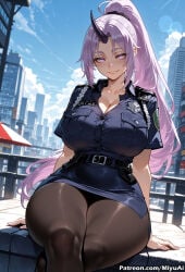 1girl ai_assisted ai_generated bangs belt black_legwear blue_shirt blue_skirt blue_sky blush breasts city collarbone curvaceous curvy curvy_female curvy_figure female horns huge_breasts long_hair looking_at_viewer miniskirt miyuai pantyhose pocket police police_uniform policewoman ponytail purple_eyes purple_hair shion_(tensei_shitara_slime_datta_ken) shirt short_sleeves single_horn sitting skirt sky smile tensei_shitara_slime_datta_ken thick thick_ass thick_butt thick_hips thick_legs thick_thighs thighs uniform voluptuous voluptuous_female wide_hips wide_thighs