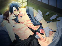 2boys abs bandage blue_hair brown_hair caressing_testicles censored closed_eyes cum cum_on_body ejaculation erection gay handjob izumi_nekotsuki japanese_clothes lying male muscle necklace nipples open_clothes penis pointless_censoring pubic_hair sake saliva sweat testicles tongue undressing yaoi