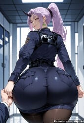 1girl ai_assisted ai_generated ass belt black_legwear blurry breasts curvaceous curvy curvy_female curvy_figure earrings female from_behind holding_hands horns indoors jacket jewelry large_breasts lips long_hair long_sleeves looking_at_viewer looking_back miyuai office_lady pantyhose pencil_skirt ponytail pov purple_eyes shion_(tensei_shitara_slime_datta_ken) skirt smile solo_focus tensei_shitara_slime_datta_ken thick thick_ass thick_butt thick_hips thick_legs thick_thighs thighs voluptuous voluptuous_female wide_hips wide_thighs