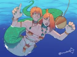 bikini conjoined conjoined_twins ferrousred flat_chest freckles freckles_on_face ginger ginger_hair glasses gold_bikini golden_bikini jewelry lamia long_hair nirvana_(band) oc pubic_hair reference_work short_hair siblings sisters small_breasts twins