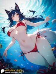 ahri ai_generated big_ass bikini black_hair braid fish fox_ears fox_girl fox_tail golden_jay league_of_legends long_hair looking_at_viewer pale-skinned_female parody swimming underwater wet yellow_eyes
