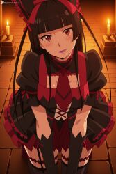 1girl ai_generated black_gloves black_hair black_thighhighs blunt_bangs blush breasts candle digitalwaifugallery dress garter_straps gate_-_jieitai_ka_no_chi_nite_kaku_tatakaeri gloves gothic_lolita hair_ribbon hi_res high_quality high_resolution kneeling lipstick lolita_fashion long_hair looking_at_viewer necktie patreon purple_lips red_eyes ribbon rory_mercury seductive sexy smile solo thighhighs uncensored watermark