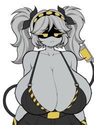 1girls artist_request big_breasts bowtie bra breasts breasts_bigger_than_head busty child_bearing_hips glitch_productions grey_skin highres j_(murder_drones) large_breasts long_hair murder_drones robot robot_girl sweat sweaty_breasts tail twintails white_hair wide_hips