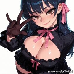 1girl 2026 ai_generated anime anna_yamada bangs black_dress black_hair black_thighhighs blue_hair blush boku_no_kokoro_no_yabai_yatsu boobs bow breasts brown_eyes brown_gloves cleavage cleavage_cutout closed_mouth clothing_cutout crossover dress eye_contact female female_focus flushed frills gloves hair_ribbon handwear highres huge_breasts large_breasts long_hair long_sleeves looking_at_viewer neutral_expression nsfw patreon patreon_username pink_bow pink_ribbon ribbon rognezart shiny simple_background smile smiling solo thighhighs very_long_hair white_background yamada_anna