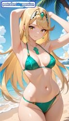 1girls 2026 ai_assisted ai_generated anime bangs beach blue_sky boobs breasts bust cloud green_bikini hi_res high_quality high_resolution highres jewelry long_hair mythra mythra_(xenoblade) navel outdoors patreon patreon_username sand sky skypassion solo stable_diffusion swimsuit tits watermark xenoblade_(series) xenoblade_chronicles_(series) xenoblade_chronicles_2 yellow_eyes