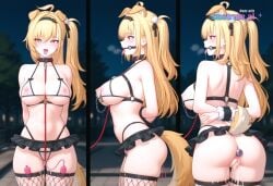 1girl ai_assisted ai_generated big_breasts bikini bite_gag blonde_hair bondage_harness crying cum_dripping_from_pussy cum_in_mouth dog_collar dripping_cum drooling erect_nipples front_view fur_cuffs hands_tied_behind_back heart_eyes heart_shaped_eyes leash long_hair micro_bikini micro_skirt naked nipple_chain public_park red_eyes side_ponytail solo standing sticking_tongue_out transparent_bikini vibrator_in_pussy