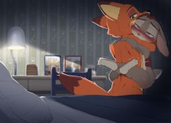 1boy 1girl animal_ears blurry blurry_background body_fur commentary completely_nude dagasi fox_boy furry furry_female furry_male furry_with_furry grey_fur hetero highres indoors interspecies judy_hopps nick_wilde nude orange_fur pillow purple_eyes rabbit_ears rabbit_girl rabbit_tail sex suspended_congress sweat tail two-tone_fur zootopia