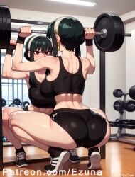 ai_generated bent_over big_ass big_breasts big_butt big_thighs black_hair blush ezuna from_behind gym gym_clothes gym_uniform hairband huge_ass huge_breasts huge_butt huge_thighs red_eyes spread_legs spy_x_family squatting wanuze wide_hips yor_briar yor_forger