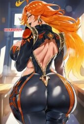 ai_generated bubble_ass curvy_body curvy_female curvy_figure evilkuro05 genshin_impact long_hair looking_back massive_ass mavuika_(genshin_impact) motorcycle_suit seductive_look seductive_smile thick_hips voluptuous_female