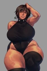 1girls bleach breasts cosplay female female_focus female_only large_breasts limbus_company looking_at_viewer outis_(limbus_company) ryulem shihouin_yoruichi shihouin_yoruichi_(cosplay) solo thick_thighs thighhighs thighs wide_hips
