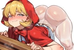 1girls arched_back ass ass_raised ass_up b.b._hood baby_bonnie_hood blonde_hair blue_eyes blush blushing bubble_ass bubble_butt butt capcom clothed clothed_female darkstalkers ear_blush ebora female female_focus female_only jack-o_pose leaning_forward light-skinned_female light_skin looking_at_viewer naughty_face pantyhose raised_ass red_hood see-through see-through_clothing see-through_pantyhose short_hair simple_background smile sweat sweatdrop sweaty teenage_female teenage_girl teenager thick_ass thick_thighs white_background white_pantyhose