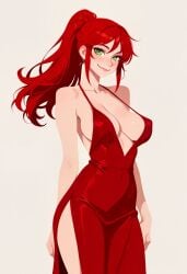 1girls ai_generated female female_only high_ponytail light-skinned_female long_hair pyrrha_nikos red_hair red_hair_female rwby shiny_hair shiny_skin solo solo_female tagme