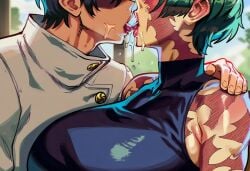 big_breasts black_hair green_hair huge_breasts jujutsu_kaisen kissing male/female scars short_hair thick_thighs tongue_out yuta_okkotsu zenin_maki