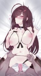 1boy 1girls ahoge bar_censor bell_choker big_breasts blush bouncing_breasts breasts brown_hair censor_bar censored cupless_bra dark-skinned_male dsr-50_(girls'_frontline) feet_out_of_frame female girls'_frontline girls'_frontline_2:_exilium heart heavy_breathing inverted_nipples large_breasts light-skinned_female lingerie long_hair looking_at_viewer loreley_(girls'_frontline_2) male missionary_position navel nipples panties panties_aside panty_pull penis pussy red_eyes sex shinyozura stockings sweat sweatdrop vaginal vaginal_penetration vaginal_sex