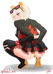 1girl absurdres anus anus_peek artist_name ass black_jacket black_tube_top blonde_hair blush breasts burnice_white commentary crop_top english_commentary hair_between_eyes hehil_art high_heels highres huge_ass jacket looking_at_viewer mature_female open_mouth orange-tinted_eyewear red-tinted_eyewear solo squatting strapless sunglasses thick_thighs thighhighs thighs tinted_eyewear tube_top v white_background zenless_zone_zero
