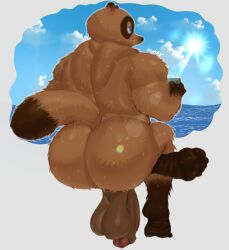 animal_crossing anthro ass balls bara big_ass feet flaccid furry hunkyhuesnsfw male male_only muscles muscular nintendo nude penis sitting solo solo_male tanuki tom_nook