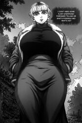 big_breasts bomber_jacket english_text fear_and_hunger fear_and_hunger:_termina female female_only fully_clothed hands_in_pockets huge_breasts karin_(fear_and_hunger) looking_at_viewer low-angle_view monochrome ponytail skirt solo thick_thighs turtleneck wide_hips
