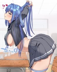 1girls arcana_(nikke) blue_hair blue_hair_female boobs breasts desk eyebrows_visible_through_hair female goddess_of_victory:_nikke nikke nipples no_bra nyarumon school_desk school_girl school_uniform schoolgirl schoolgirl_uniform skirt thick_thighs thighs tits woman zipper