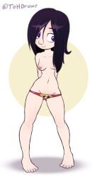 1girl arms_behind_back barefoot black_hair breasts full_body groin hair_over_one_eye long_hair lowleg lowleg_panties navel nipples panties pigeon-toed print_panties purple_eyes small_breasts smile solo standing the_incredibles the_other_half topless twitter_username underwear underwear_only violet_parr