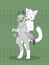 abstract_background animal_humanoid anonymous_artist anthro anthro_on_feral bestiality bodily_fluids carrying_another carrying_partner cum cum_in_vagina cum_inside digitigrade duo eyes_closed felid felid_humanoid feline feline_humanoid female feral fluffy fluffy_chest from_behind_position fur genital_fluids genitals green_eyes grey_body grey_fur grin happy happy_sex home_(off_fangame) humanoid impregnation inner_ear_fluff jozlyn_(home) male male/female mammal mammal_humanoid off_(game) ovum penile_spines penis sex sharp_teeth smile sperm_cell tail teeth tuft vaginal_fluids white_body white_fur