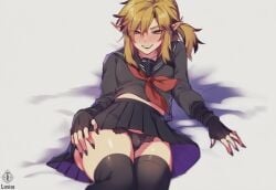 ai ai_art ai_generated almond_eyes androgynous bare_thighs black_nails blue_eyes blush blushing boyfriend cosplay crossdressing cute earrings femboy feminine_male feminization girly girly_boy golden_hair hylian hylian_ears legwear link link_(breath_of_the_wild) link_(tears_of_the_kingdom) long_nails luxica nintendo novelai panties ponytail school_uniform schoolgirl schoolgirl_uniform shirt skirt smile the_legend_of_zelda trap twink uncensored underwear
