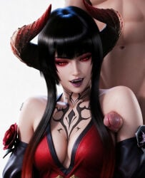 1boy 1girls 3d accurate_art_style ai_generated armpit_fetish armpit_sex artist_name bandai_namco bangs black_hair breasts chest_tattoo cleavage clothed_female_nude_male demon demon_girl demon_horns detached_sleeves dress eliza_(tekken) fangs hi_res lipstick multicolored_eyes open_mouth penis pitxoai precum purple_lips purple_lipstick red_dress red_eyes rose_(flower) short_hair short_hair_with_long_locks sidelocks slit_pupils tattoo tekken tekken_7 tekken_revolution watermark white_background