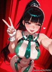 1girl 2026 ai_generated anime bangs bare_shoulders black_hair blunt_bangs blush bodysuit boobs breasts brown_eyes cleavage covered_navel covered_nipples crossover eve_(stellar_blade) eye_contact female female_focus fingerless_gloves flushed gloves handwear heart heart-shaped_pupils highres huge_breasts large_breasts long_hair looking_at_viewer necktie nsfw one_eye_closed patreon ponytail rognezart selfie shift_up skin_tight smile smiling solo stellar_blade symbol-shaped_pupils tongue tongue_out very_long_hair white_gloves