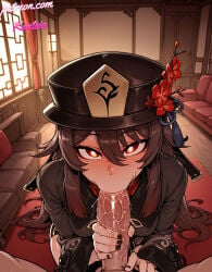 1girl 1girls ai ai_generated blowjob blush boobs breasts drooling female genshin_impact handjob hat hu_tao_(genshin_impact) kanteia looking_at_viewer penis pov red_eyes saliva small_breasts tits