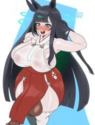 1futa armpits azur_lane black_hair blush breasts breasts_bigger_than_head clothed clothed_futa daisen_(azur_lane) embarrassed erection futa_only futanari gaikiken horse_ears horse_girl horsecock horsecock_futa horsecock_on_humanoid light-skinned_futa light_skin penis sideboob solo solo_futa sweat thick_thighs thighs